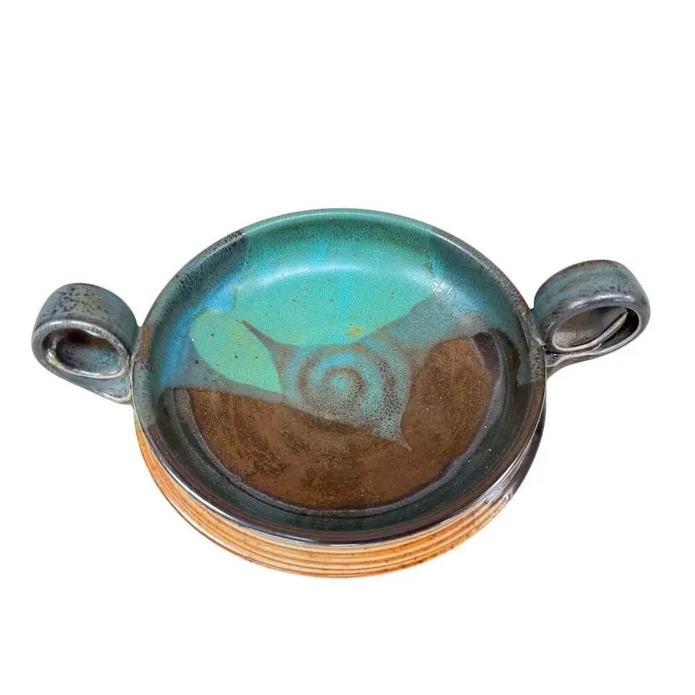 Studio Pottery Double Handle Bowl Turquoise Brown Art Pottery Dish Signed 9.5